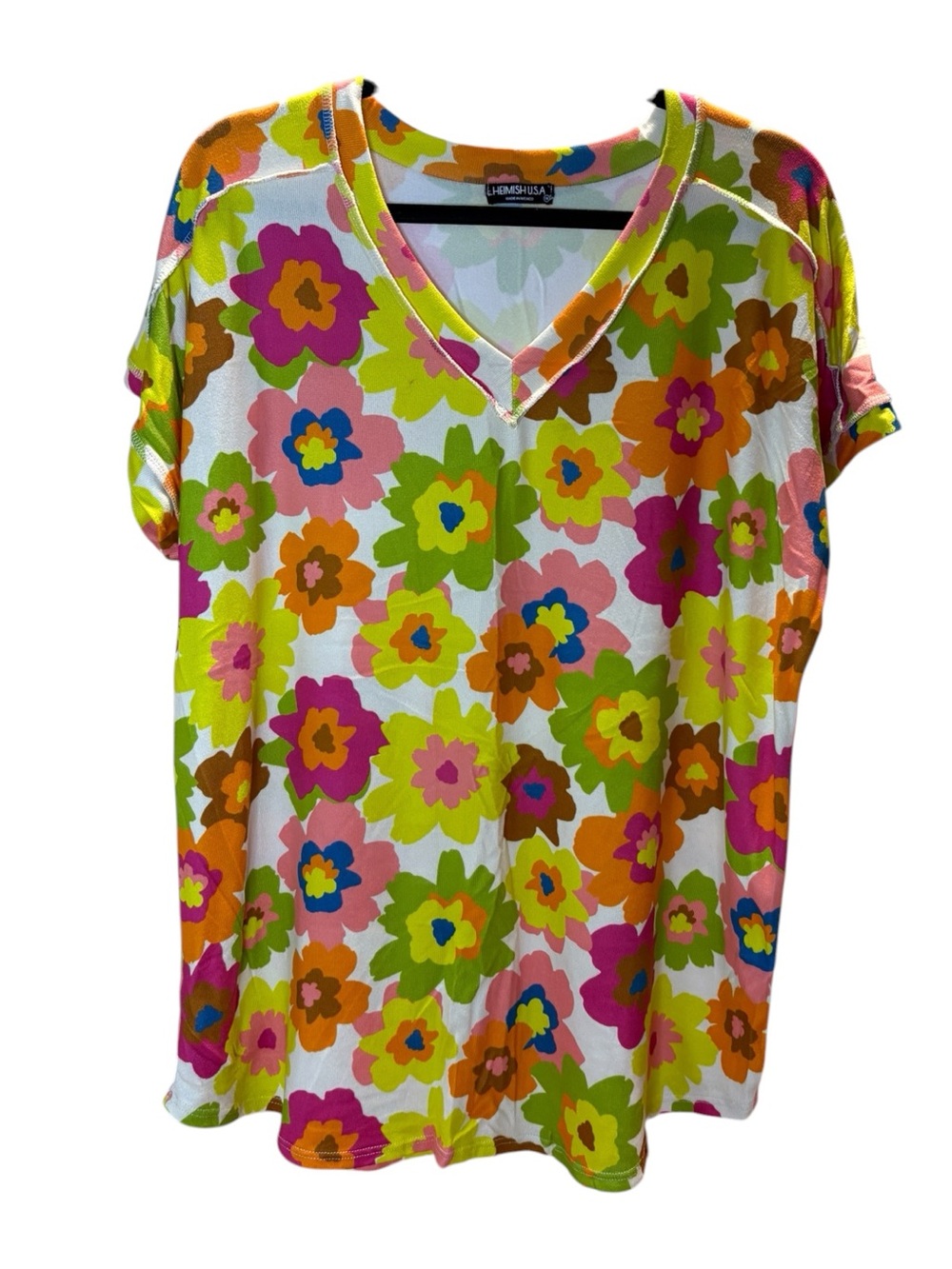 HEIMISH USA Lime Multi Floral V-Neck Short Sleeve Top